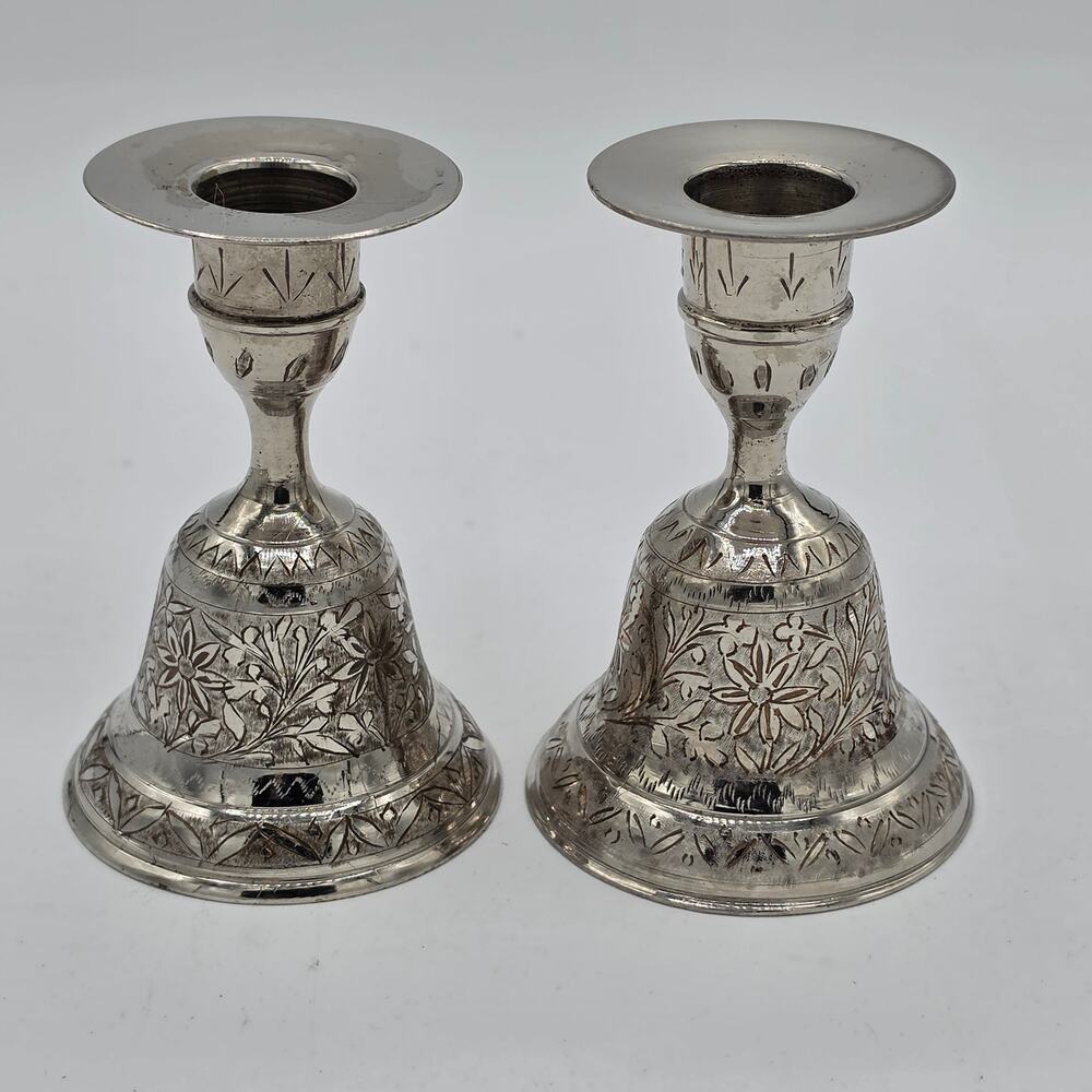 Vintage 70s World Gift ZY India Silver Plated Etched Floral Bell Candle Holder